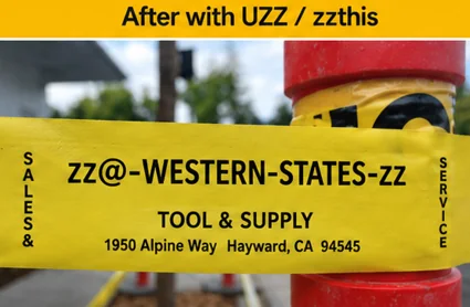 After, with the banner After with UZZ / zzthis: the same yellow tape now reads zz@-WESTERN-STATES-zz, Tool & Supply, 1950 Alpine Way, Hayward, CA 94545.