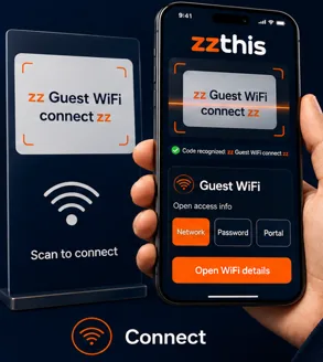 A table sign reading zz Guest WiFi connect zz with a Wi-Fi icon. A phone shows the zzthis app opening the guest Wi-Fi details.