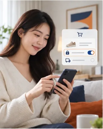 A woman on a sofa orders on her phone. A panel beside her shows a cart, a shoe, and a delivery option switched on.