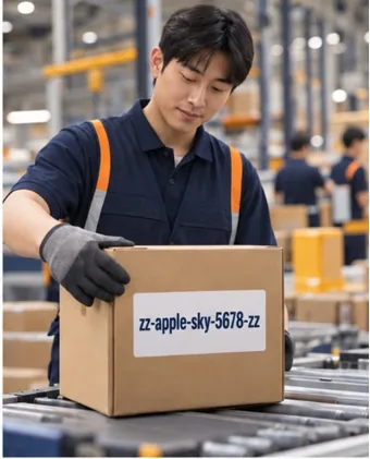 A warehouse worker in gloves handles a box on a conveyor. The box label reads zz-apple-sky-5678-zz.