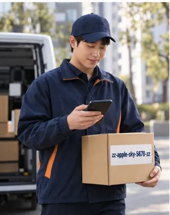 A courier beside a delivery van checks his phone while holding a box labeled zz-apple-sky-5678-zz.