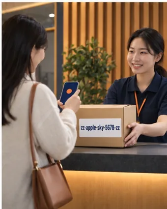 A customer holds up her phone at a pickup counter while a staff member hands over a box labeled zz-apple-sky-5678-zz.