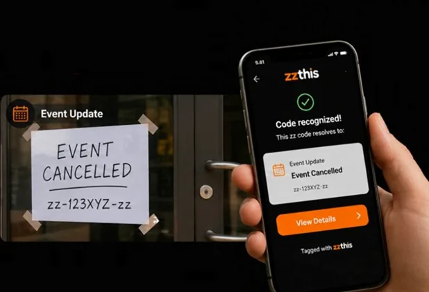 A handwritten EVENT CANCELLED sign reading zz-123XYZ-zz on a door. A phone beside it shows the zzthis app: Code recognized, Event Update, Event Cancelled.
