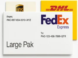 Stacked UPS, DHL, and FedEx Express shipping labels. The FedEx Large Pak label shows From: PAC-987-654-3210-XYZ and To: PAC-123-456-7890-QTR.