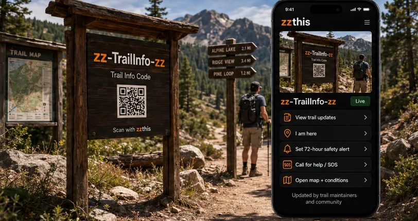 A wooden trail sign reading zz-TrailInfo-zz, Trail Info Code, with a hiker nearby. A phone shows the zzthis app with trail updates, a check-in, a safety alert, and a map.
