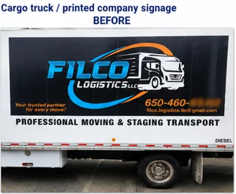 Before: a box truck with Filco Logistics LLC signage, Professional Moving & Staging Transport, and a partly blurred phone number.
