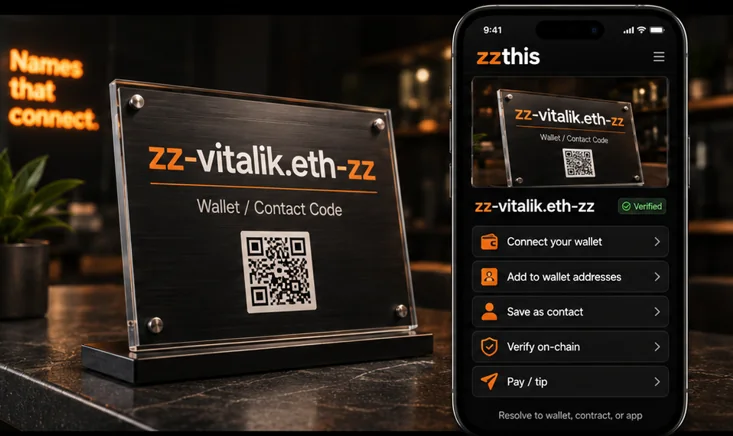 An acrylic desk sign reading zz-vitalik.eth-zz, Wallet / Contact Code, with a QR code. A phone shows the zzthis app with zz-vitalik.eth-zz marked Verified and options to connect a wallet, add the address, save the contact, verify on-chain, and pay or tip.