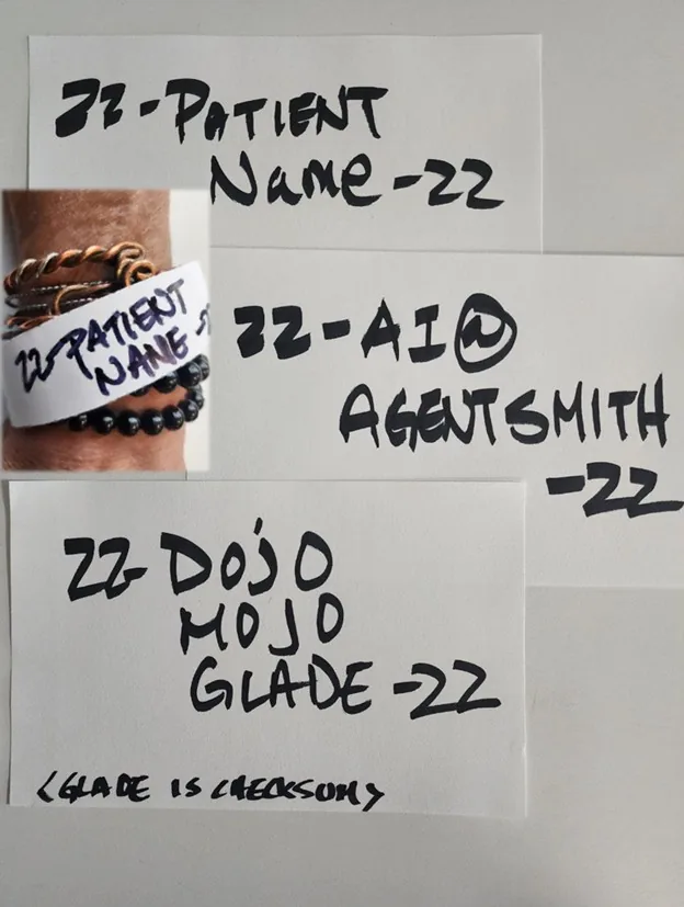 Handwritten paper notes reading zz-patient name-zz, zz-ai@ agentsmith-zz, and zz dojo mojo glade-zz.
