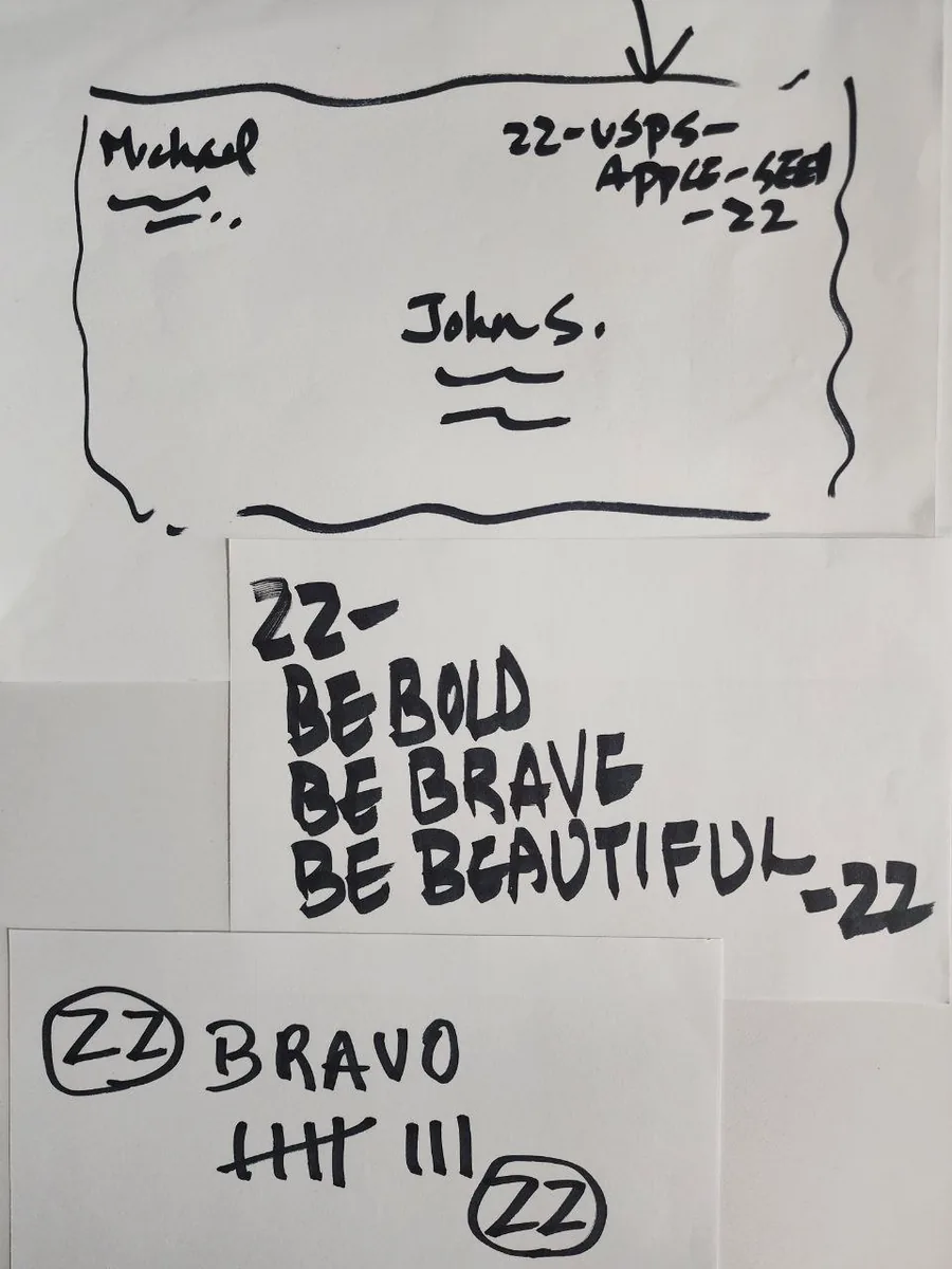 Handwritten page with an address sketch marked with a zz-usps-apple code, the line zz- be bold be brave be beautiful-zz, and a circled (zz) bravo code with four tally marks.