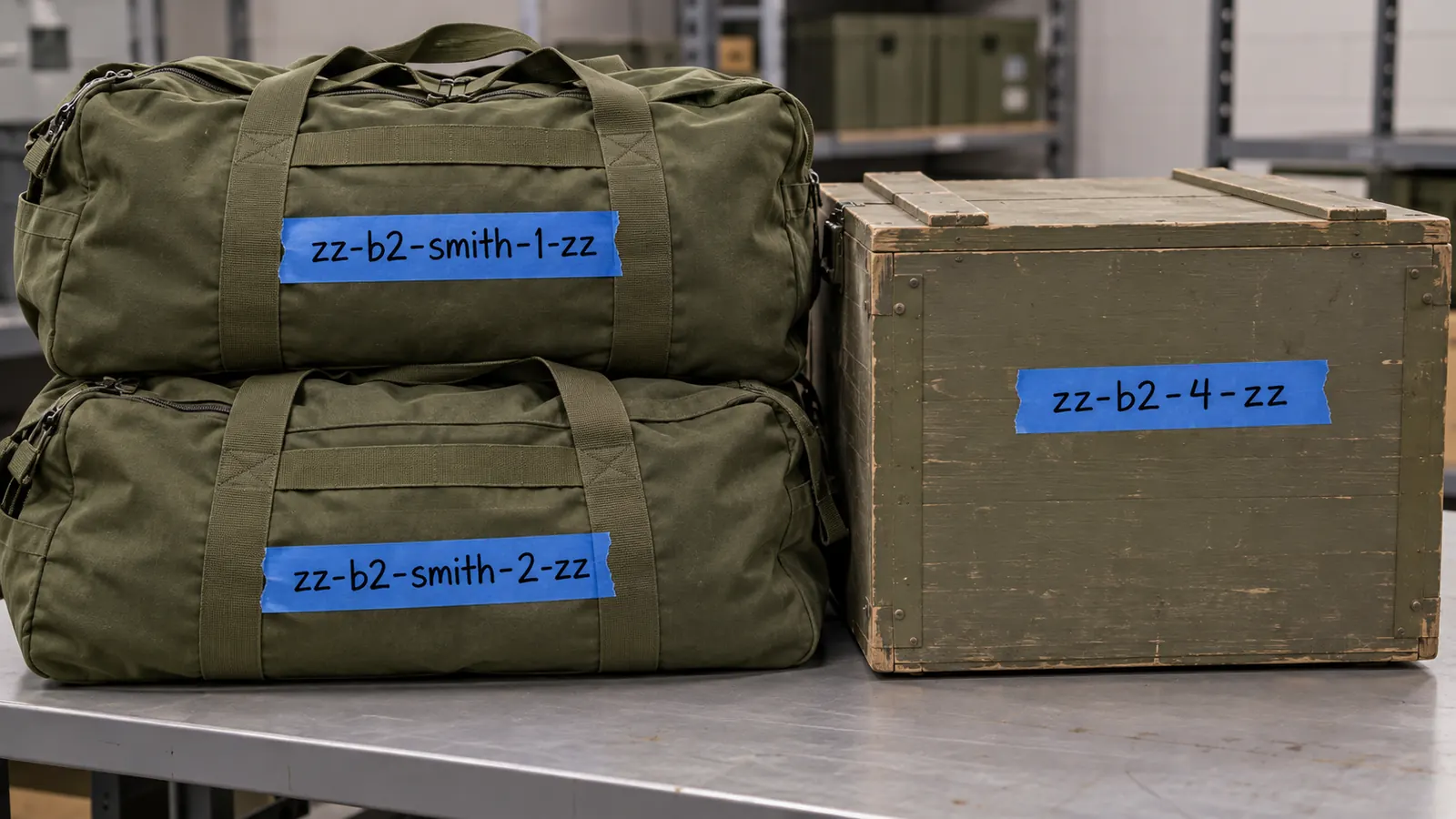 Olive duffels and a crate with blue tape marked zz-b2-smith-1-zz and zz-b2-4-zz.