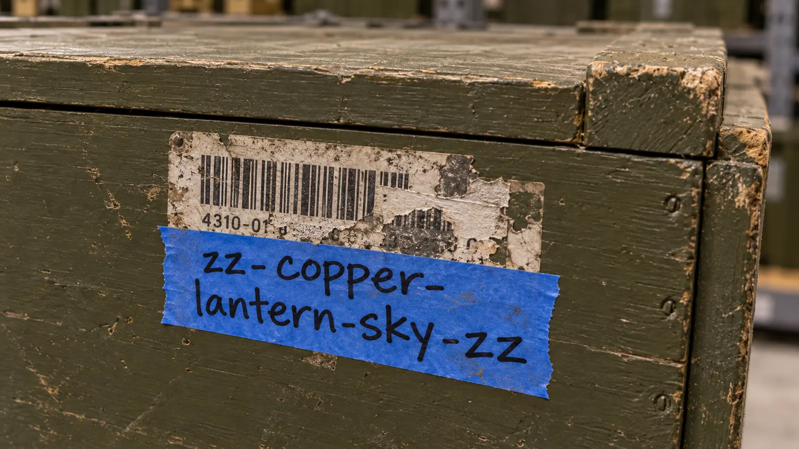 Weathered crate label with a handwritten blue-tape code over a barcode.