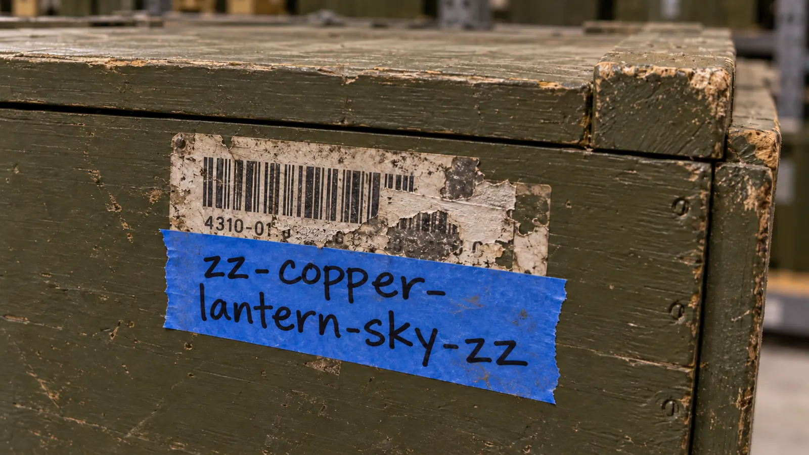 Olive crate with blue tape reading zz-copper-lantern-sky-zz beside an obscured barcode.