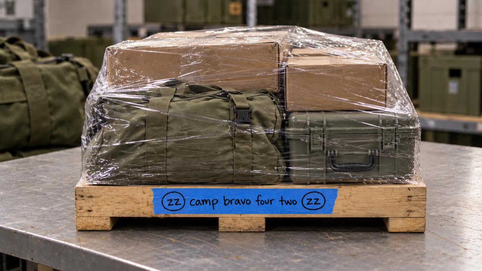 Wrapped pallet hand-printed with (zz) camp bravo four two (zz).