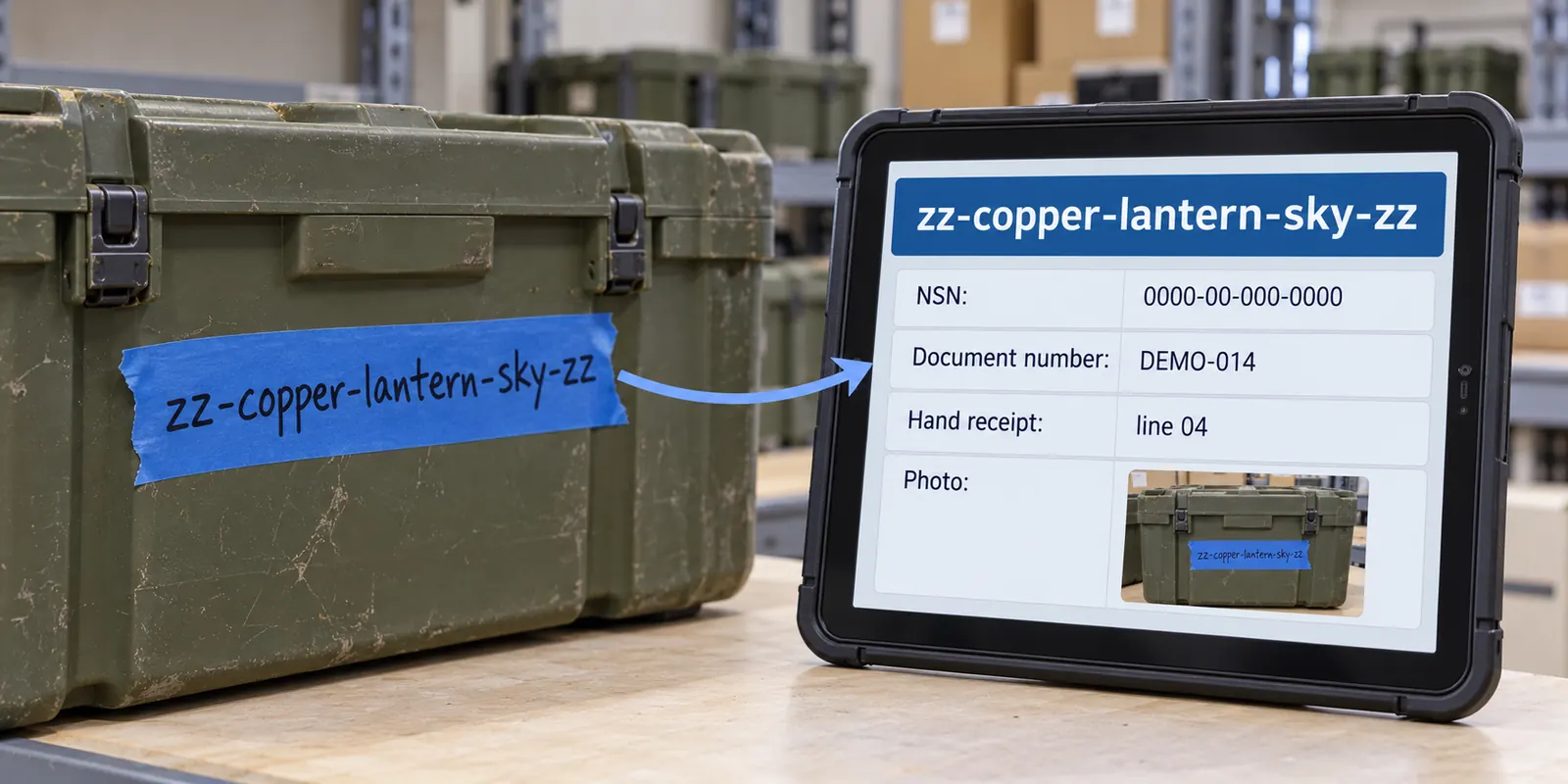 Tablet record card linking a code to NSN, document number, hand receipt, and photo.