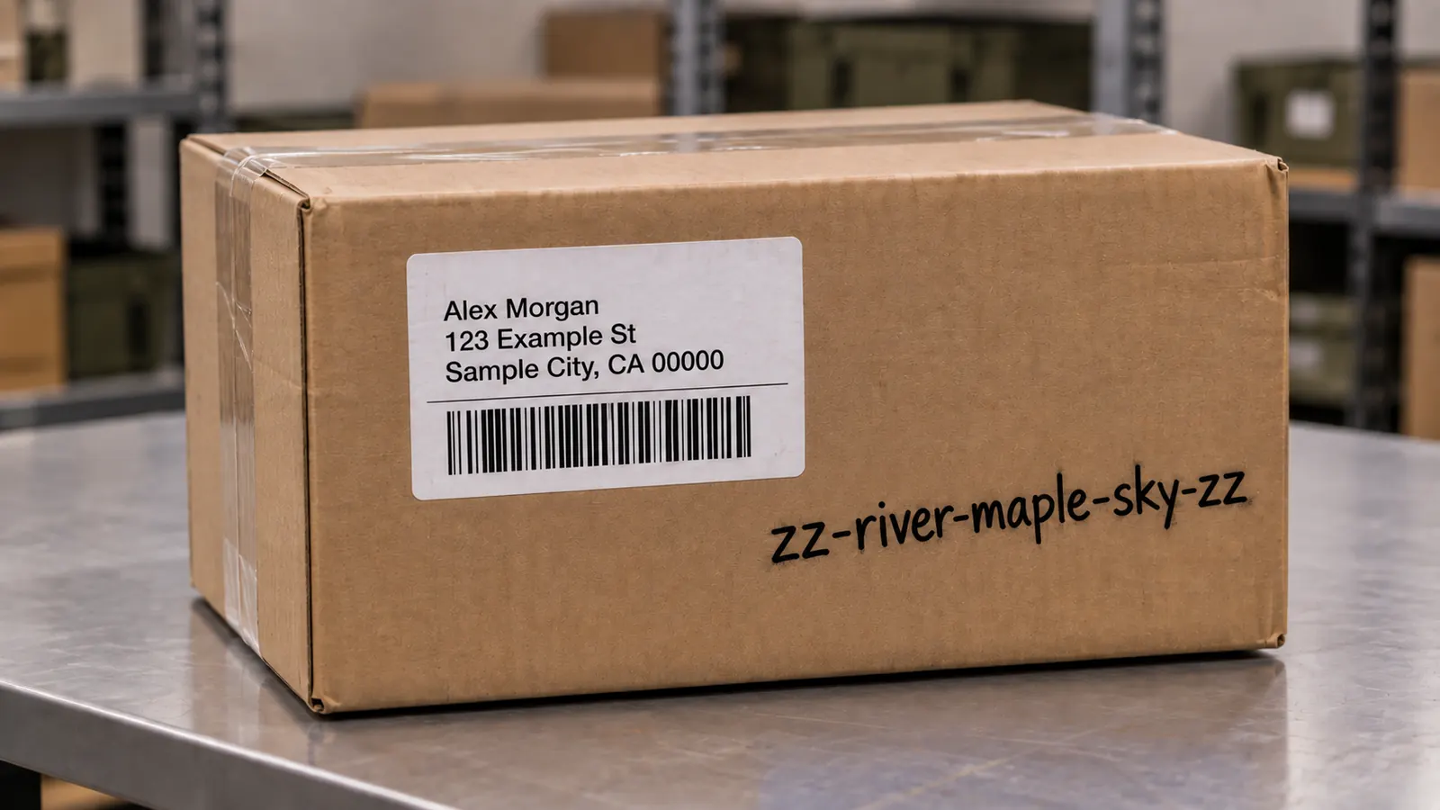 Parcel with zz-river-maple-sky-zz handwritten beside the address.