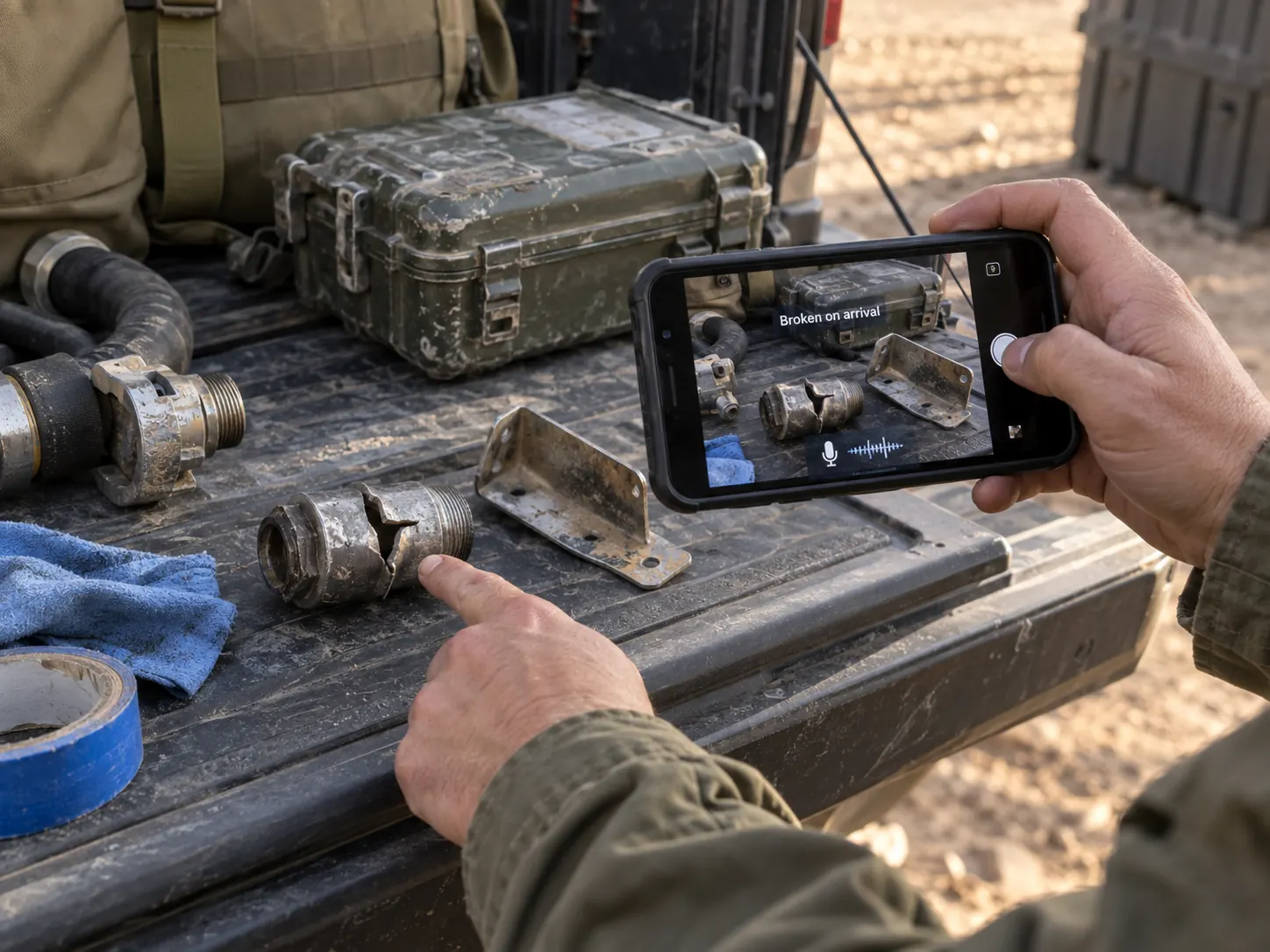 Soldier photographing loose and broken items on a vehicle tailgate.