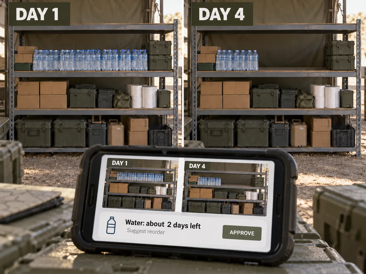 Day 1 and Day 4 shelf photos; water at about two days left with a reorder prompt.
