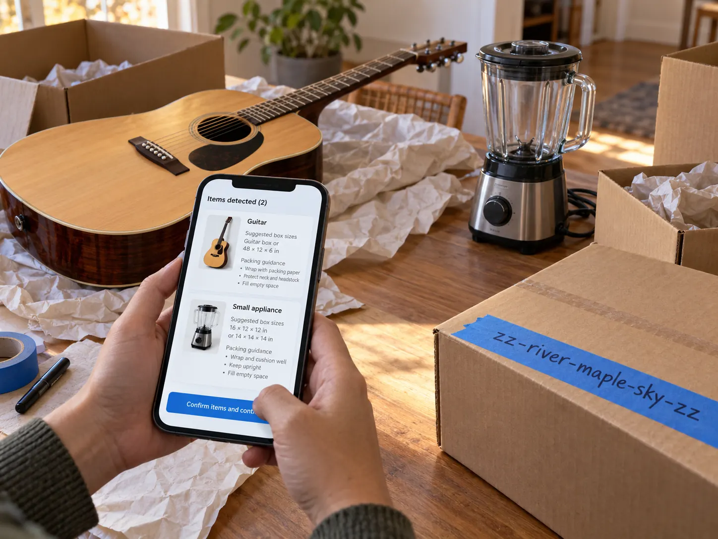 Phone packing guidance for a guitar and an appliance with a zz parcel code.